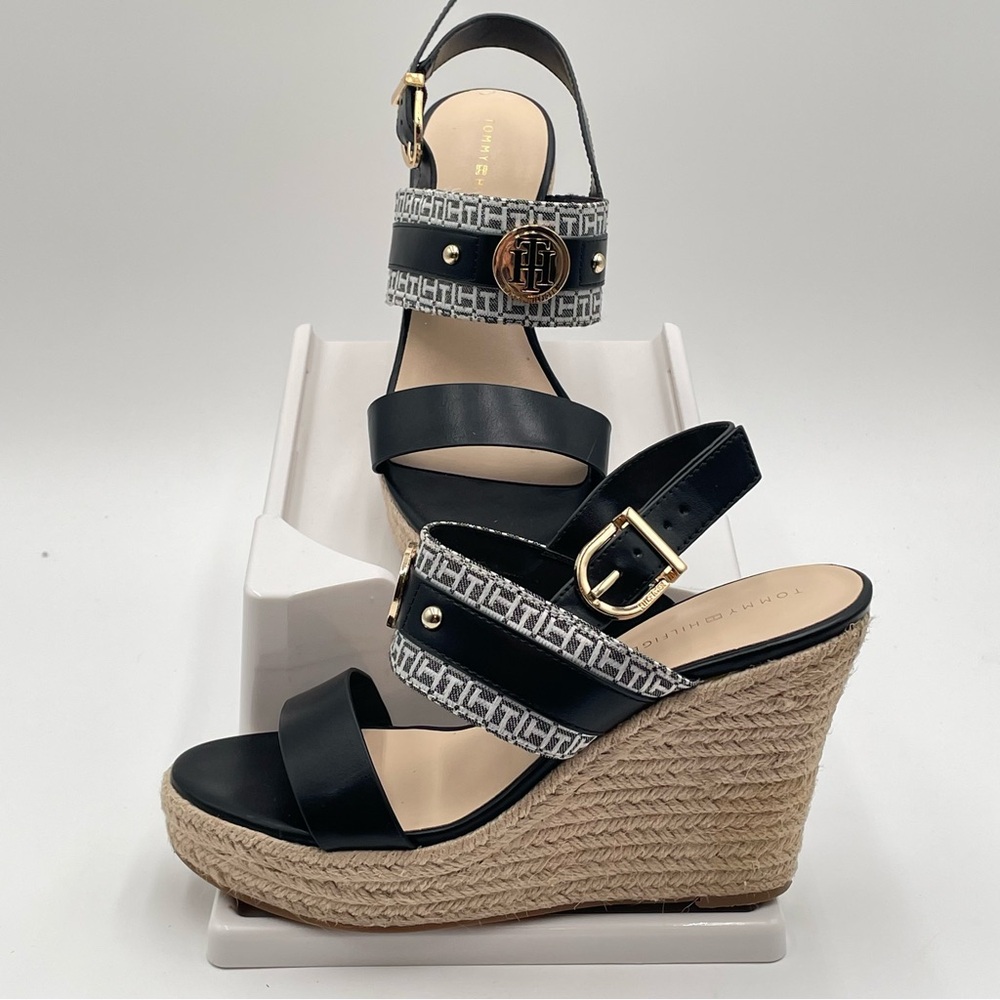 Womens Platform sandals 9.5 Black White wedges Gold Logo Tommy Hilfiger